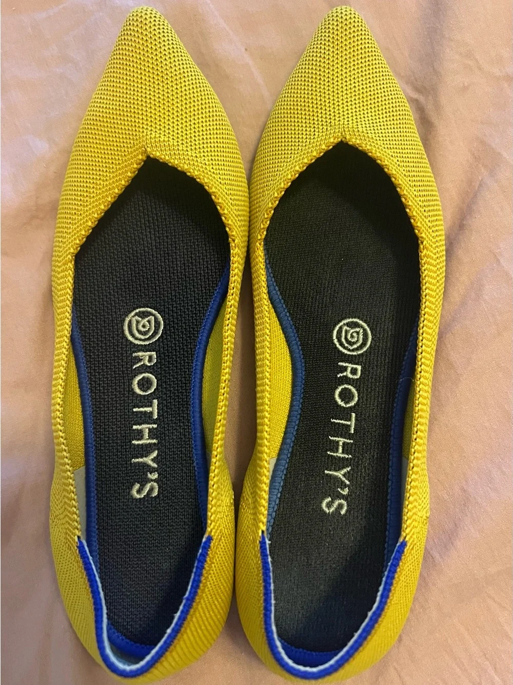 Rothy's Yellow Pointed-Toe Knit Flats with Blue Trim